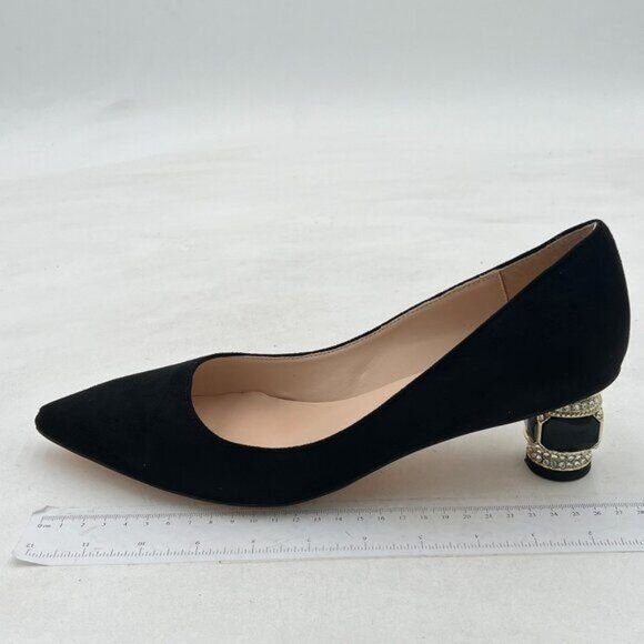 FSJ Black Suede Crystal Pumps Slip on Wedding Shoes - Picture 2 of 8